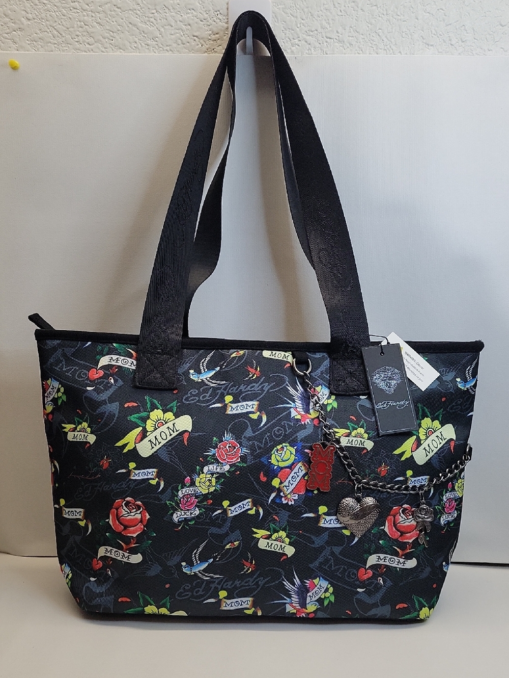 Ed Hardy Black Floral Tattoo "MOM" Print Tote Bag Charm Accents New!